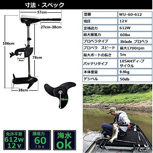 TOP.STAR エレキモーター 60ポンド (約0.9馬力）12V 高出力 612W 免許 