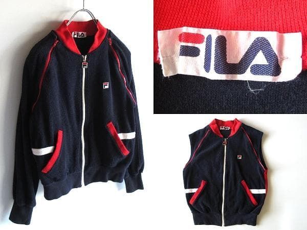 희귀 빈티지 FILA Fila 로고 자수 조끼 조절 가능한 투웨이 스트레치 파일 재킷 저지 블루종 M 네이비 네이비 블루 남녀 공용