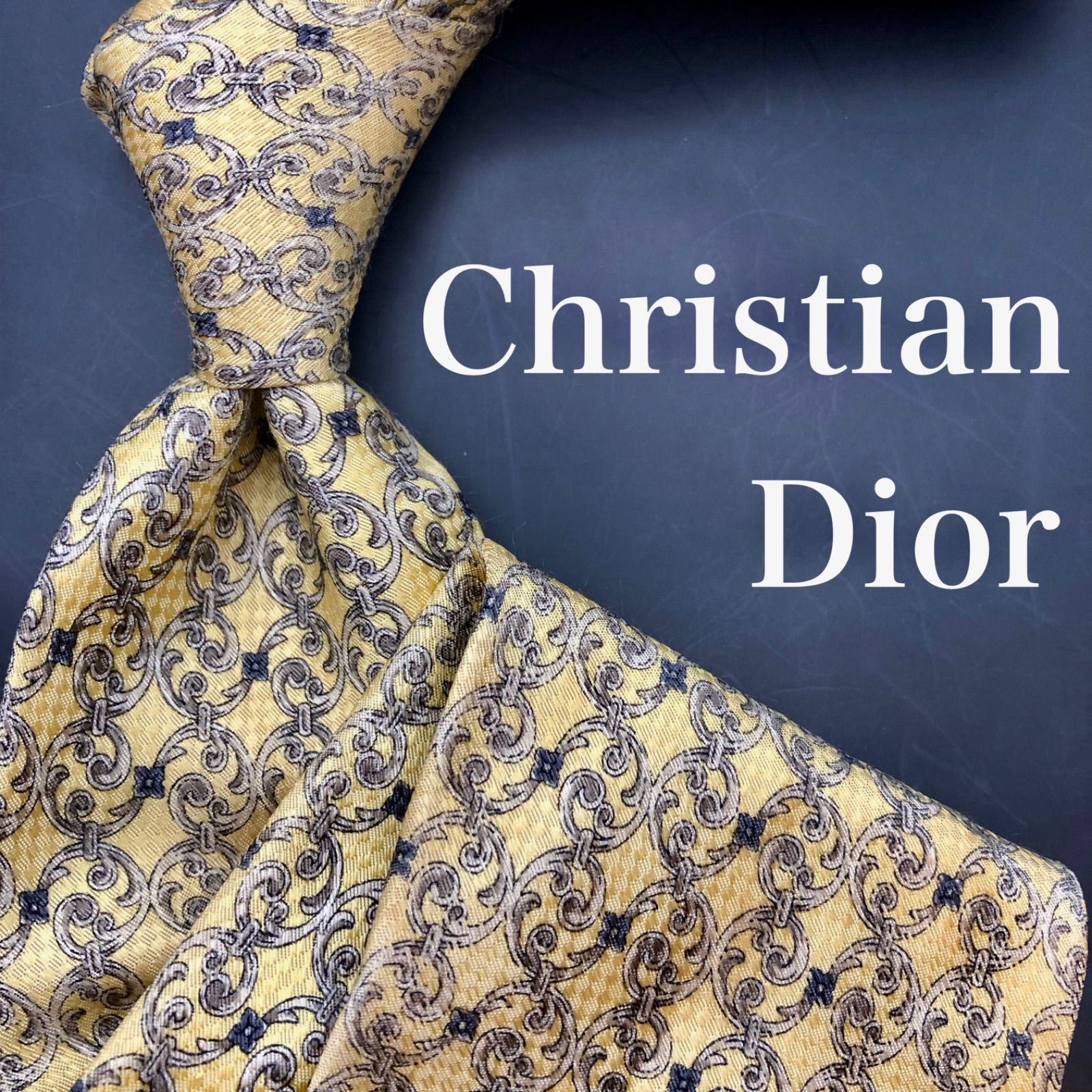 美品】Christian Dior ネクタイ 総柄 イエロー グレー 華やか #ダブ