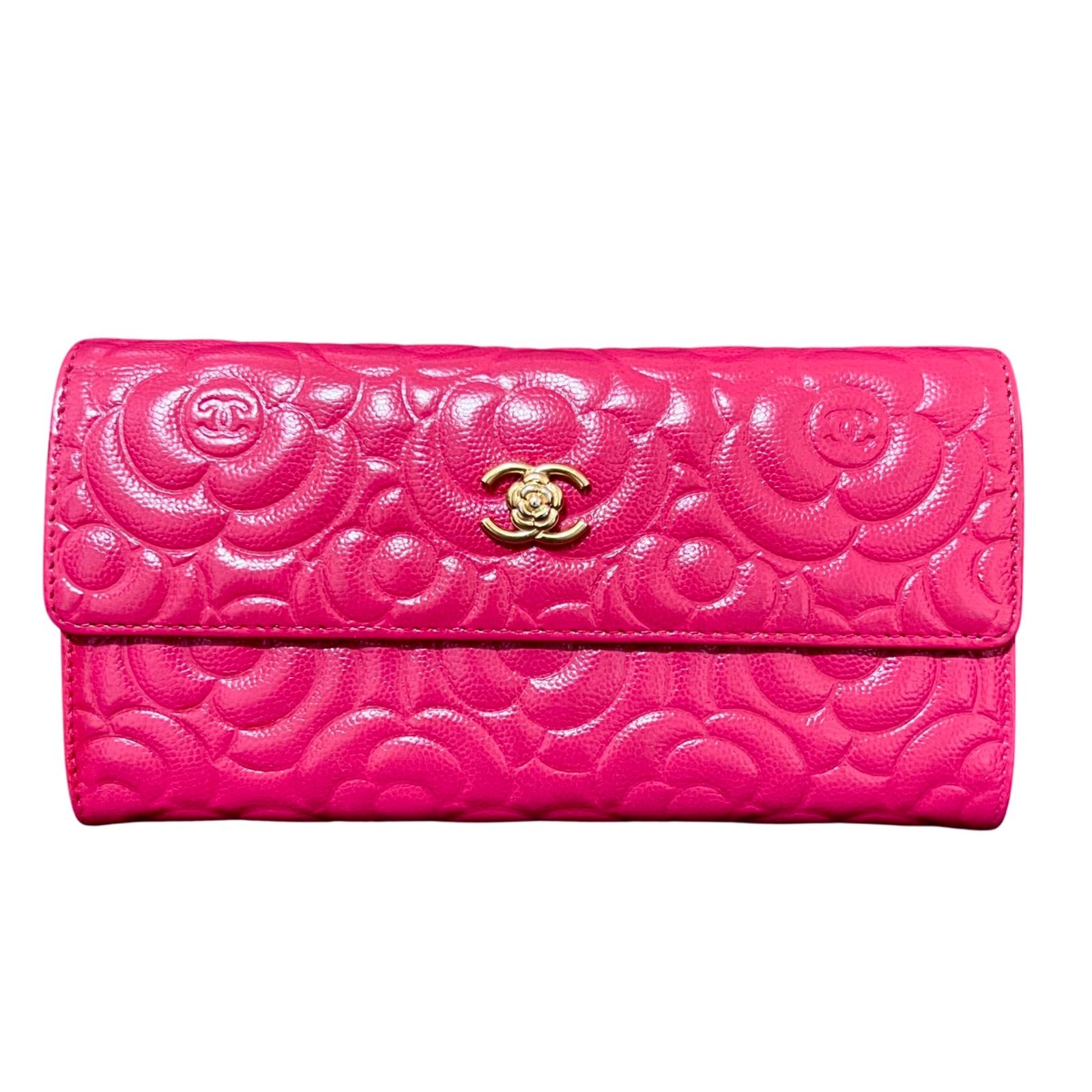 CHANEL シャネル カメリア 型押し フラップ ロングウォレット 長財布 