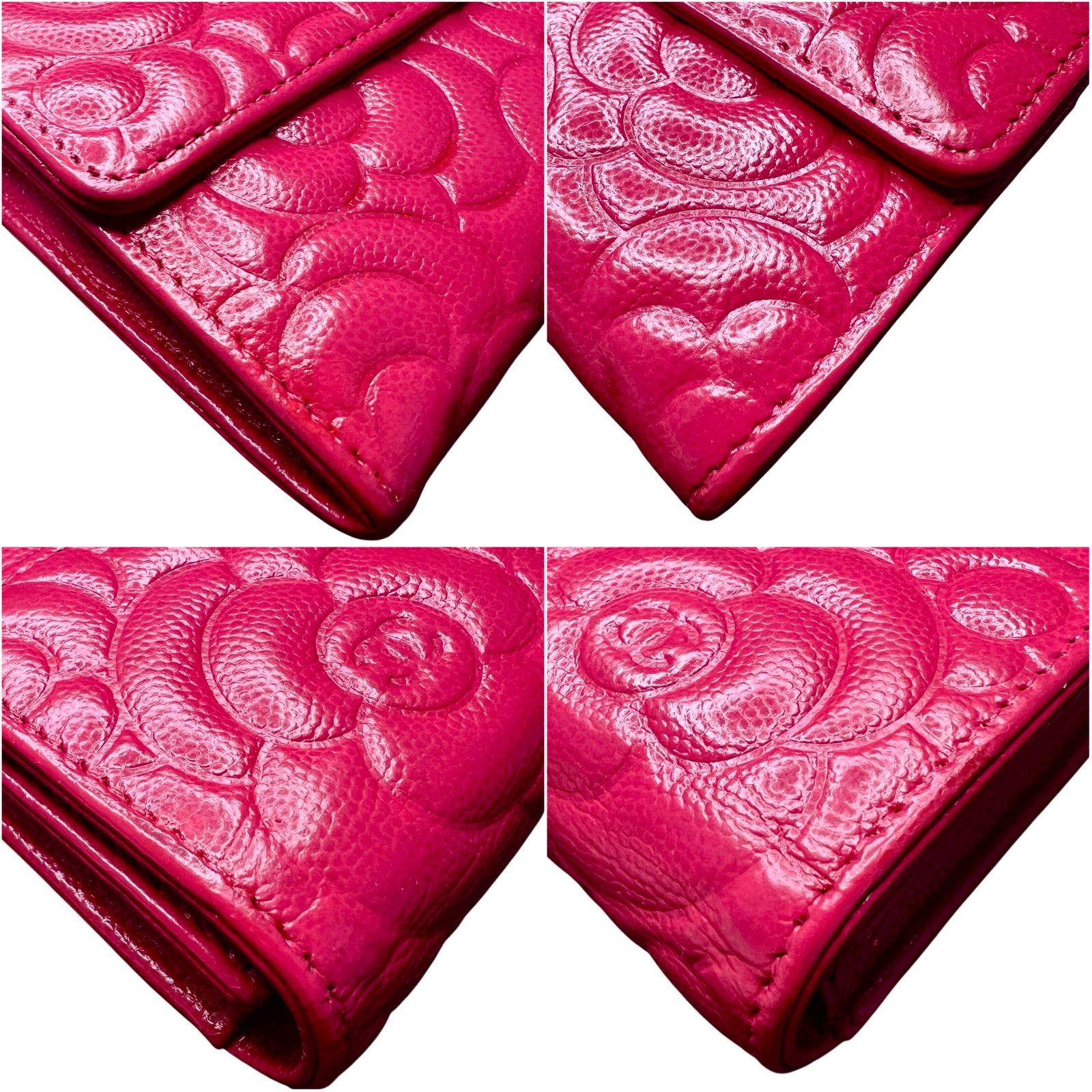 CHANELカメリア エンボスキャビアスキンロングフラップウォレット
