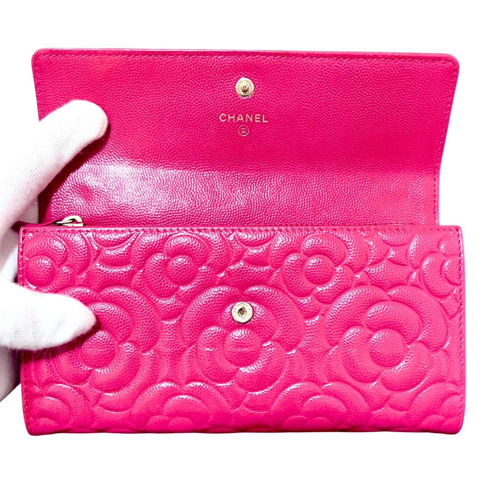 CHANEL シャネル キャビアスキン カメリアエンボス ロングウォレット 