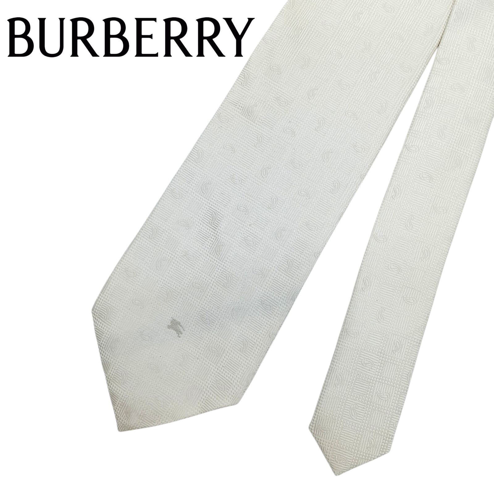 新品タグ付★バーバリー【ホースロゴ入りドット柄】白系ネクタイ★結婚式◎ BURBERRY バーバリー ネクタイ シルク ホワイト 白 ホースロゴ 総柄