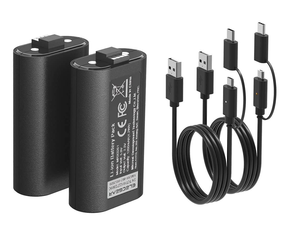 ElecGear Xboxコントローラー用リチウムイオンバッテリーパック、2個1200mAh Li-ion充電式交換用バッテリー電池、2本データおよび充電USBケーブル付き Xbox Series X/SそしてXbox Oneワイヤレスコントロ ELECGEAR XBOXコントローラー用リチウムイオンバッテリーパック、2個