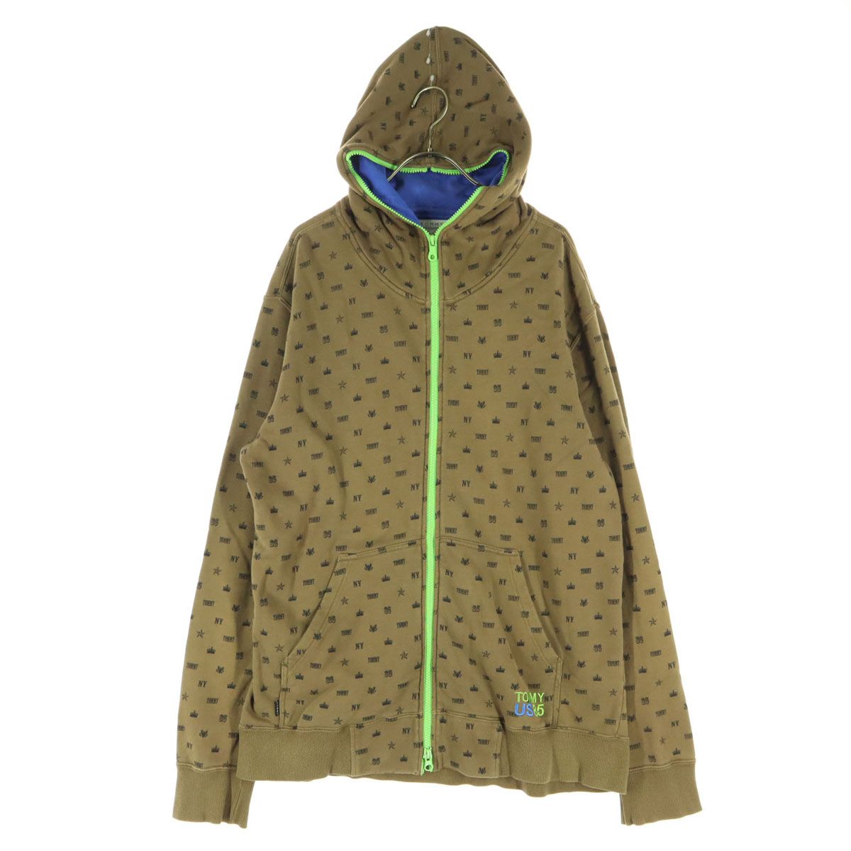 美品 TOMMY トミー 総柄 長袖 スウェット ジップパーカー XL ブラウン 