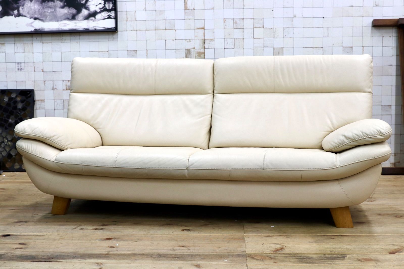 GMIH406○karimoku | カリモク ZT8303 3人掛けソファ トリプルソファ アイボリー色 本革 レザー 長椅子 定価約29.5万