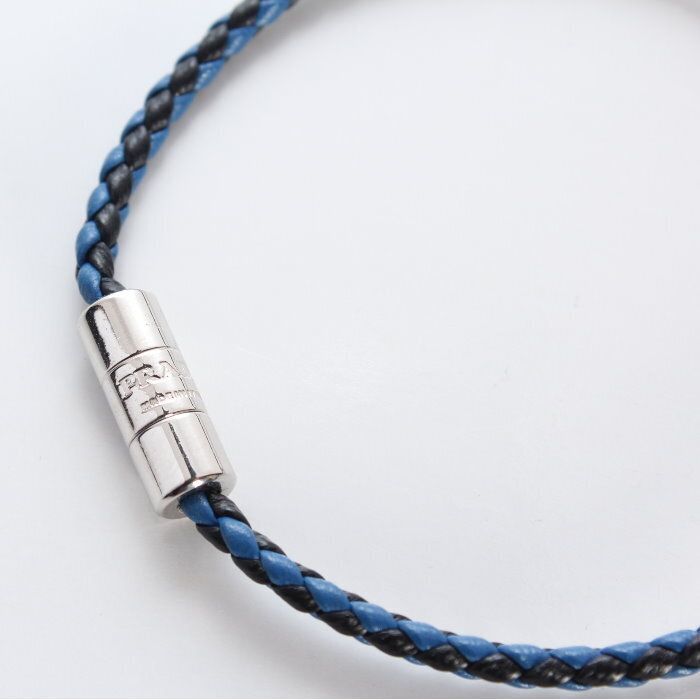 PRADA プラダ 編み込みレザー ブレスレット ブルー Mサイズ 2Ib577 038