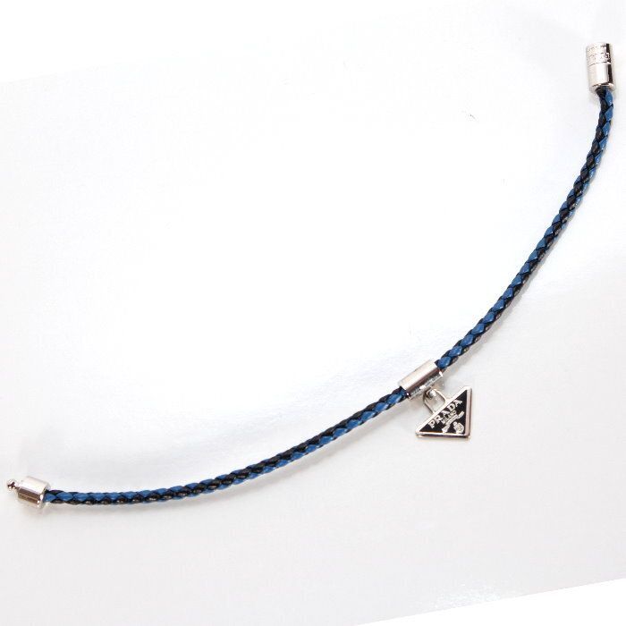 PRADA プラダ 編み込みレザー ブレスレット ブルー Mサイズ 2Ib577 038