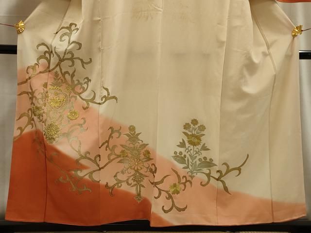 平和屋着物●訪問着　刺繍　花唐草文　黒緑色地　暈し染め　金彩　ロング丈　正絹　逸品　AABF8164ck 平和屋着物○訪問着 刺繍 花唐草文 黒緑色地 暈し染め 金彩 ロング丈