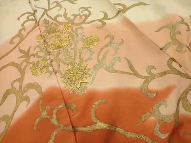 平和屋着物●訪問着　刺繍　花唐草文　黒緑色地　暈し染め　金彩　ロング丈　正絹　逸品　AABF8164ck 平和屋着物○訪問着 刺繍 花唐草文 黒緑色地 暈し染め 金彩 ロング丈