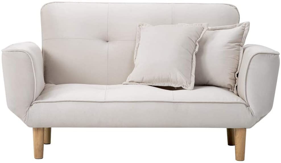 「数量限定セール」全新品 ソファー 2人掛け sofa 抱きまくら2個付き ベージュ ベロア 北欧 背もたれ/アーム5段可動 天然木脚 肘付き コンパクト おしゃれ 新生活 一人暮らし ベルベット 1年保証付き