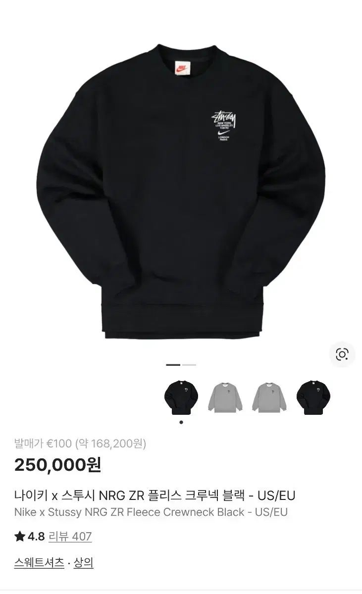 S) NIKE x STUSSY NRG フリース クルーネック ブラック 初回版 出品 