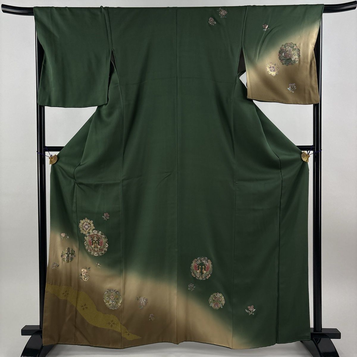 付下げ 身丈165cm 裄丈67cm M 袷 華文 向かい鳥 刺繍 金銀彩 深緑 正絹