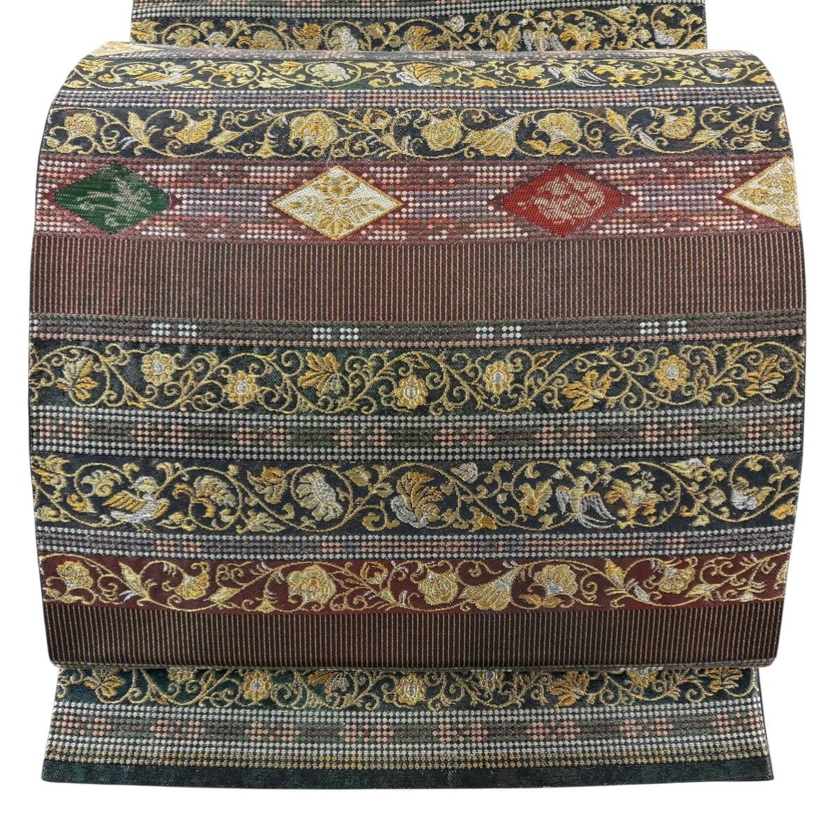 美品 袋帯 名品 草花 鳥 箔 螺鈿箔 銀色 お太鼓柄 正絹 中古 袋帯 秀