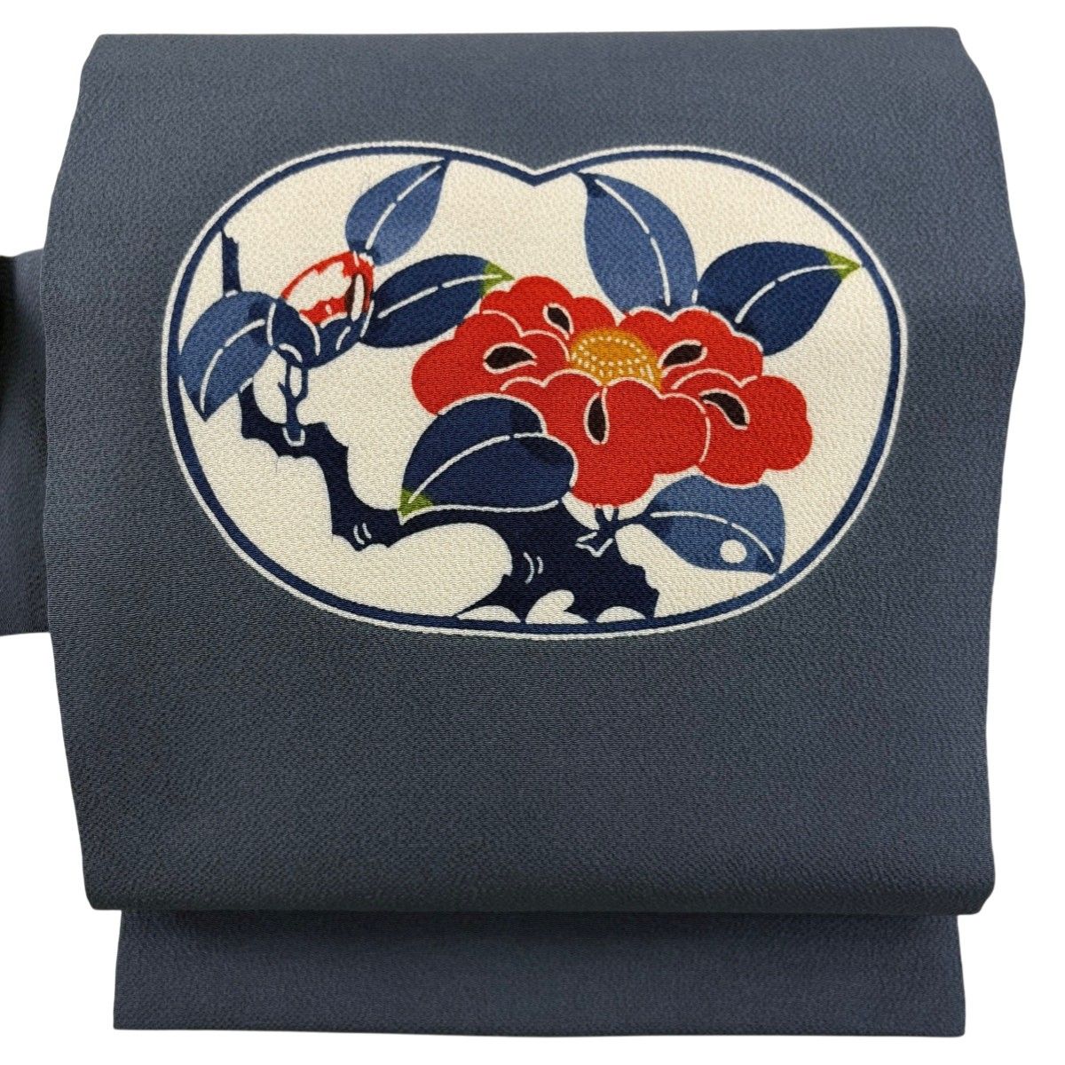 名古屋帯 逸品 栗山吉三郎 落款 椿 縮緬 青灰色 正絹 【】 【公式通販】