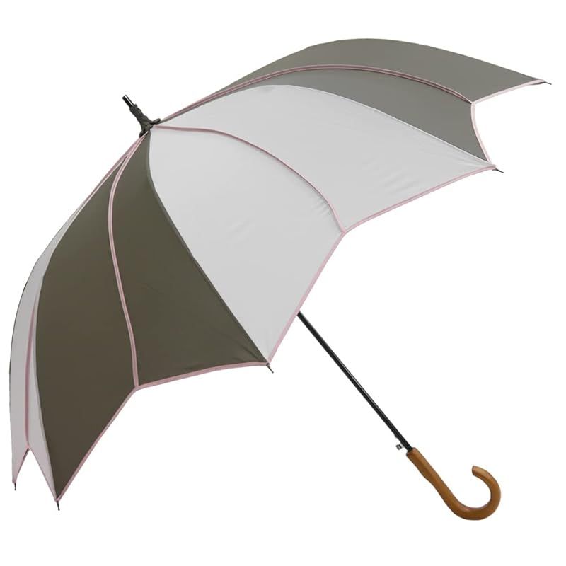 [シノワズリーモダン]雨傘 大判 レディース フラワー モチーフ 長傘 深張り 濡れにくい パイピング (カーキ×グリーングレー) 0