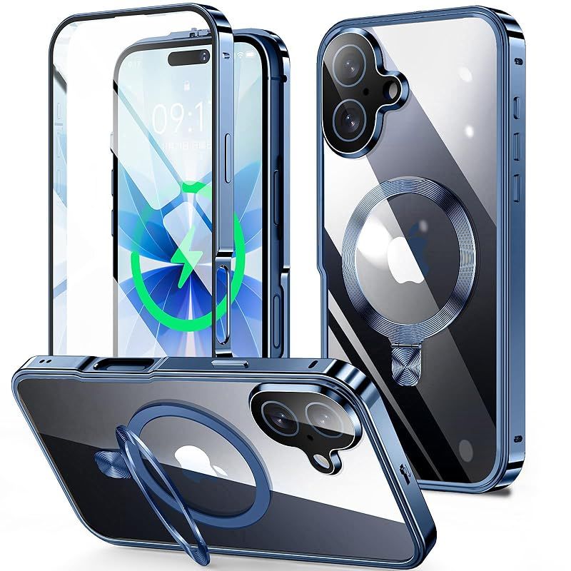 【新品】 HGUTREY【スタンド機能付き・アクションボタン】 iPhone17 用 ケース クリア 【ロック付き】【CDリング・MagSafe対応】 9H強化ガラス PC背面 一体型レンズ保護 アイフォン17 ケース 両面 ストラップホール付き アルミバ 0