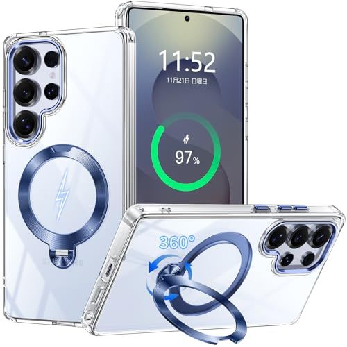 Galaxy S25 Ultra 用 ケース リング付き MagSafe対応【360度回転式マグネットスタンド・縦横両対応】米軍MIL規格 耐衝撃 レンズ保護 透明 黄ばみ防止 指紋防止 手触り良 マグセーフワイヤレス充電対応 ギャラクシー s25 ultre