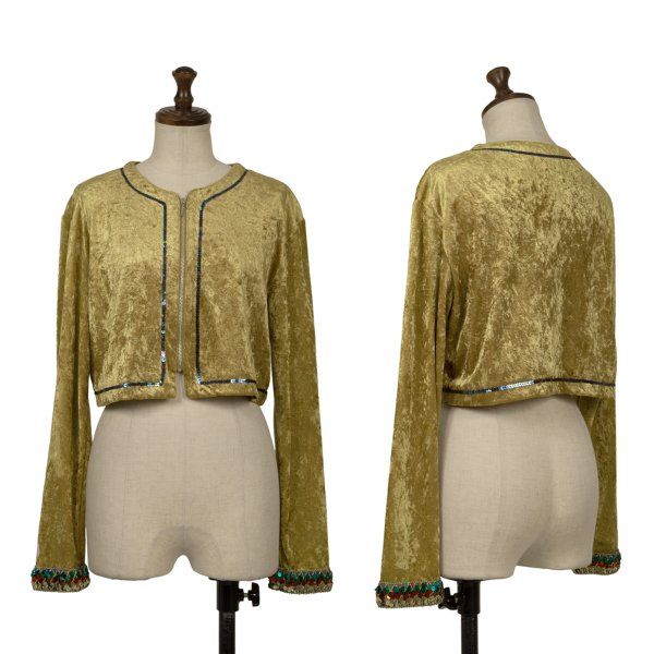 ジュニアゴルチエJUNIOR GAULTIER ポリ混スパンコールデザインベロアノーカラーショートジャケット マスタード40