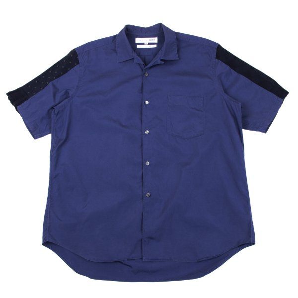 コムデギャルソンシャツCOMME des GARCONS SHIRT 異素材ニット切替オープンカラー半袖シャツ 紺M