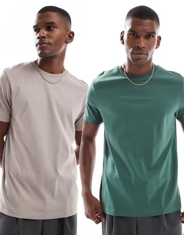 エイソス メンズ トップス Tシャツ クルーネック シャツ ASOS DESIGN essential 2 pack crew neck Tshirts and stone GREEN STONE グリーン