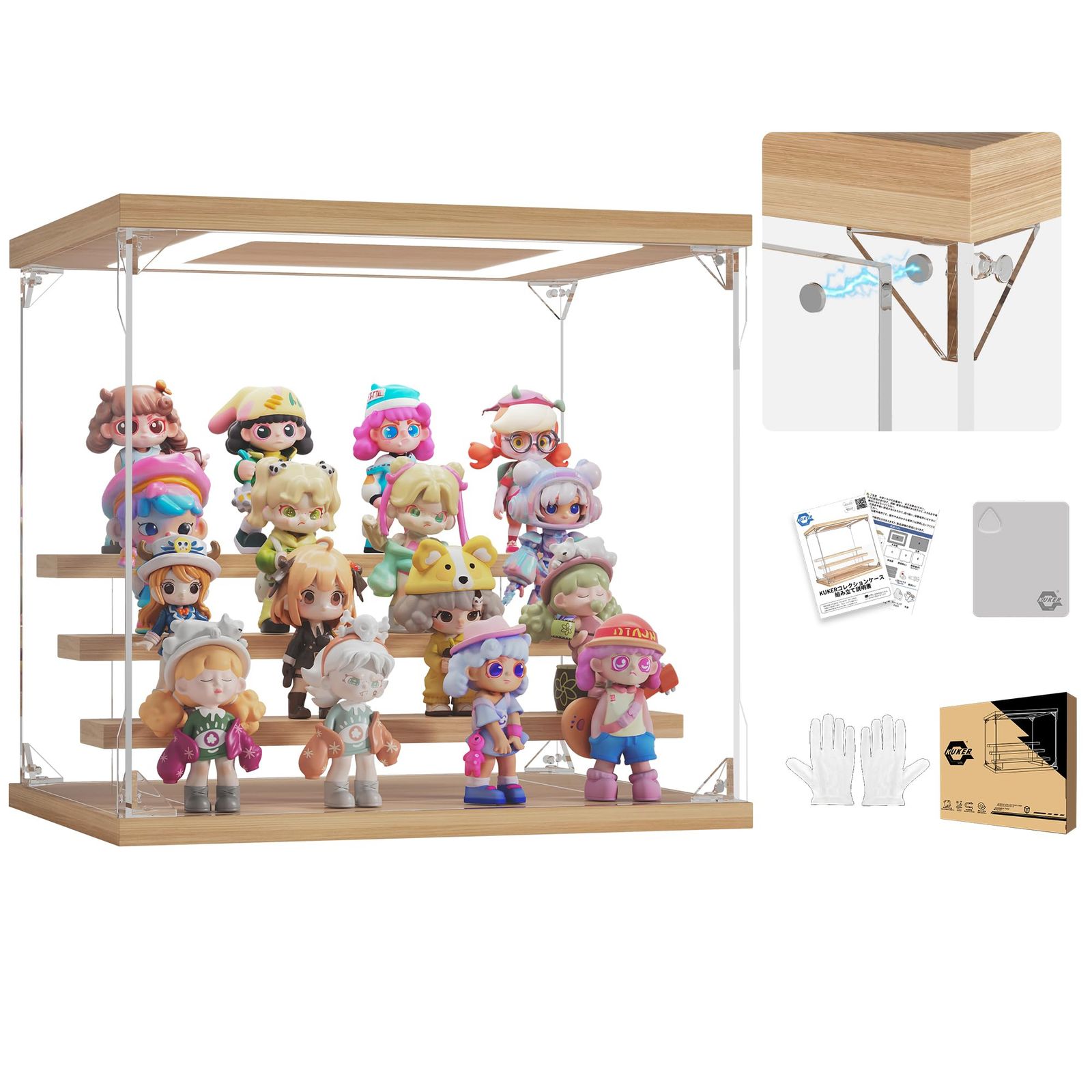 ◇フィギュアケース アクリル UVカット 木製ひな壇 LED照明付き