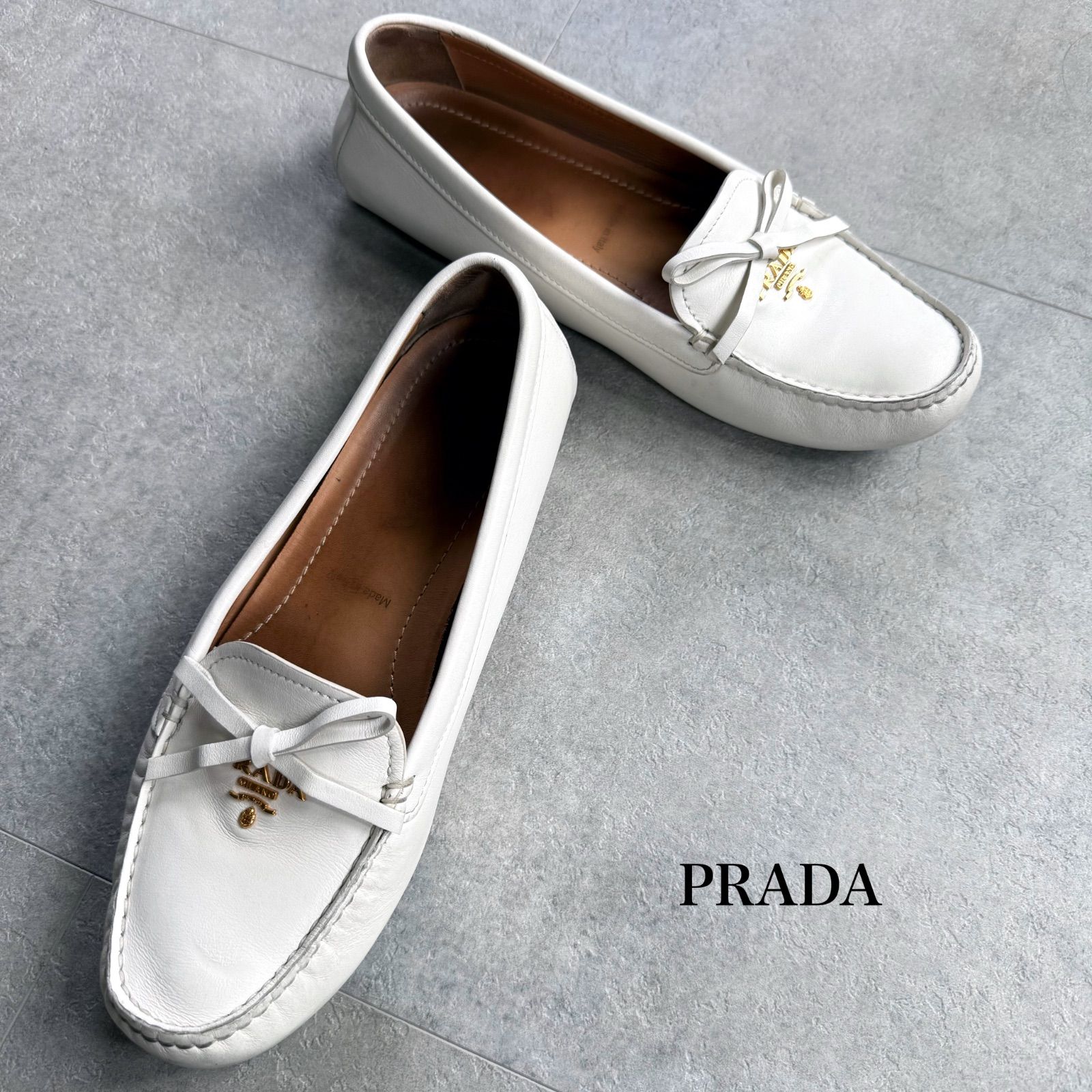 PRADA プラダ ロゴリボンドライビングシューズ レザー ホワイト
