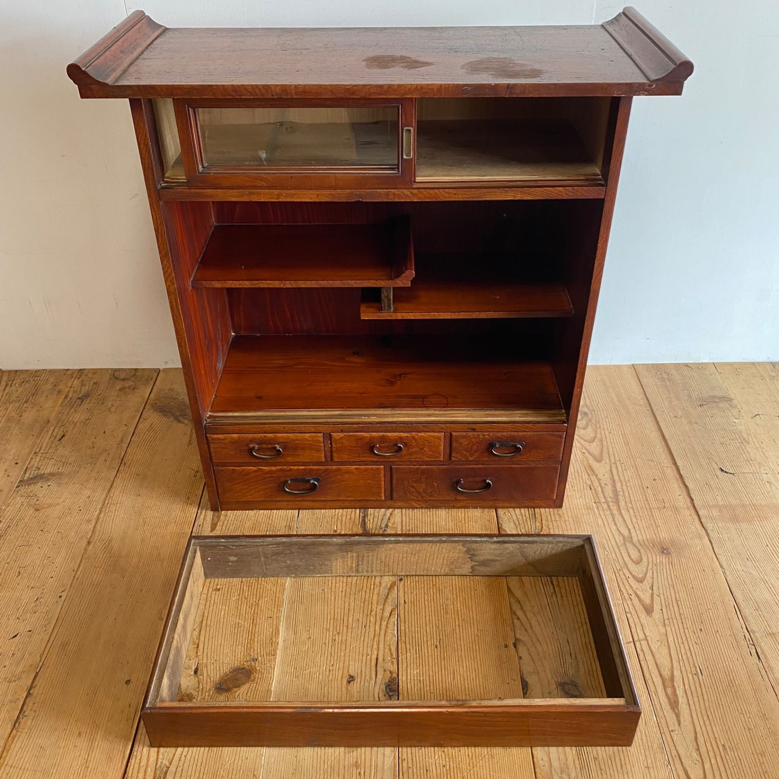 アンティーク ガラス戸棚 茶箪笥 水屋箪笥 無垢材 Y680 - メルカリ