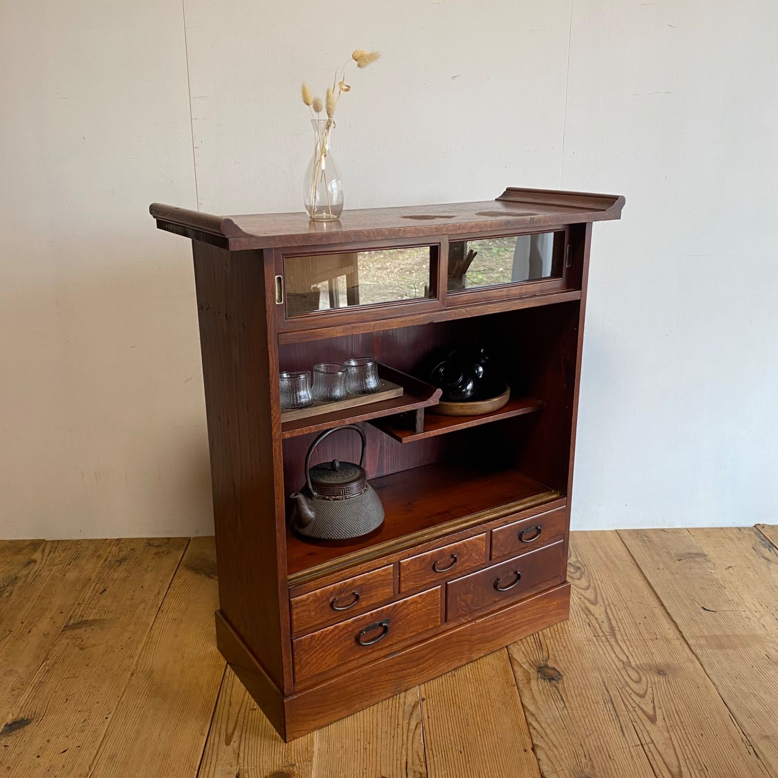 アンティーク ガラス戸棚 茶箪笥 水屋箪笥 無垢材 Y680 - メルカリ