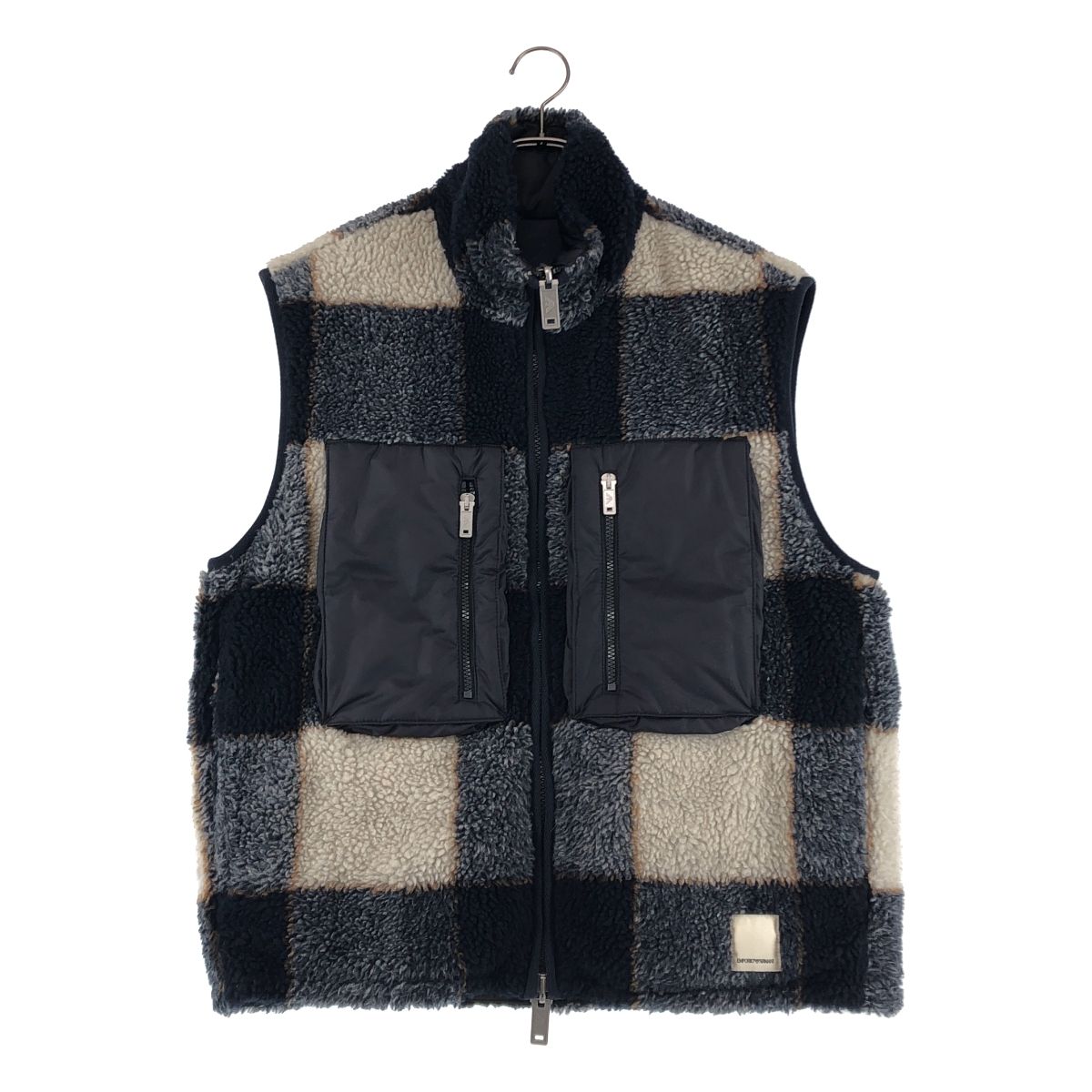 【美品】  EMPORIO ARMANI / エンポリオアルマーニ | リバーシブル 異素材 切替 ボア ロゴジップ ベスト | 48 | ネイビー/オフホワイト系 | メンズ 美品】 EMPORIO ARMANI / エンポリオアルマーニ | リバーシブル 異素材