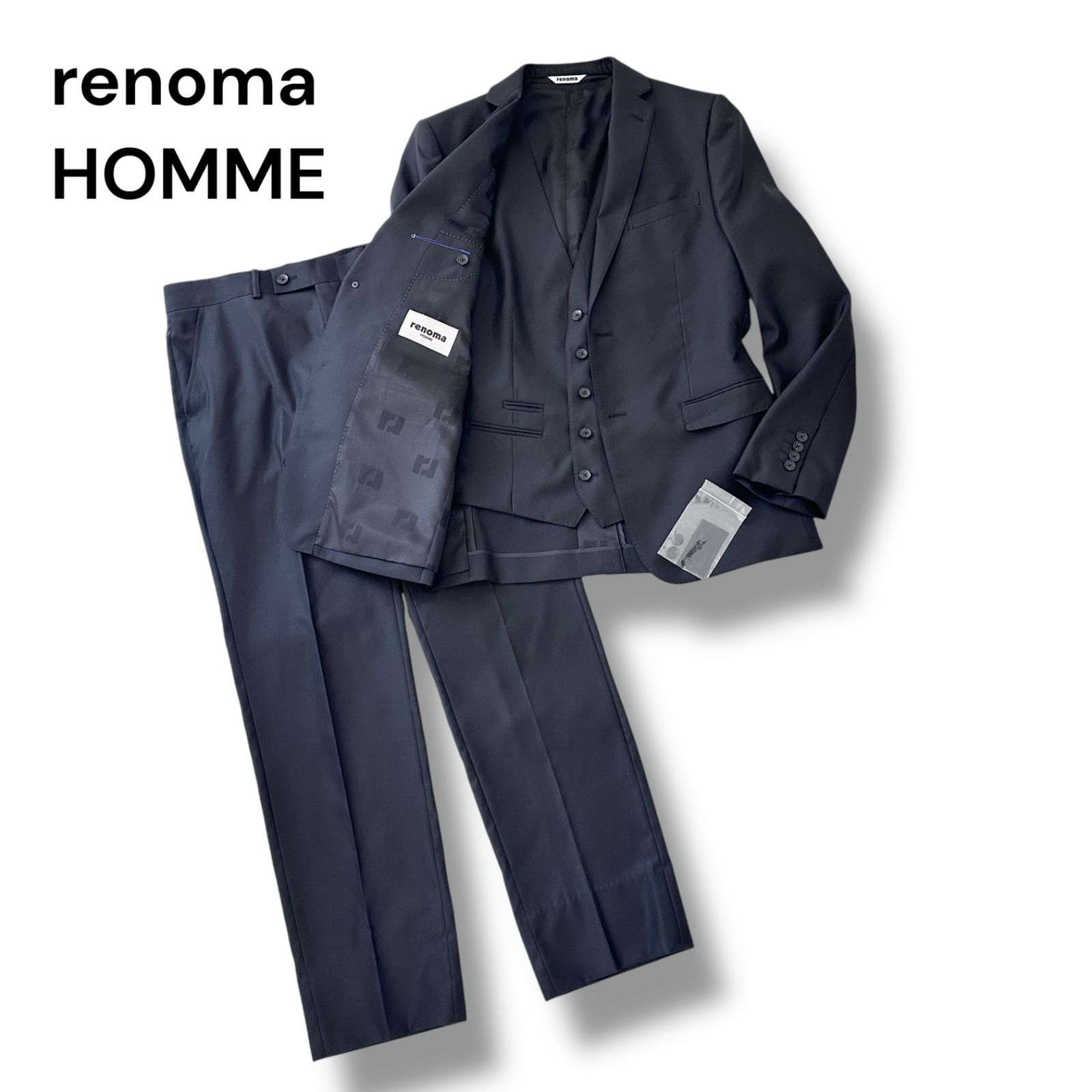 レノマ メンズ 3ピース スーツ renoma HOMME【A6】Lサイズ ブラック SPARKLE BRIGHT 尾州生地 ジャケット ベスト パンツ 3点セット ウール混 ビジネス フォーマル 6F048