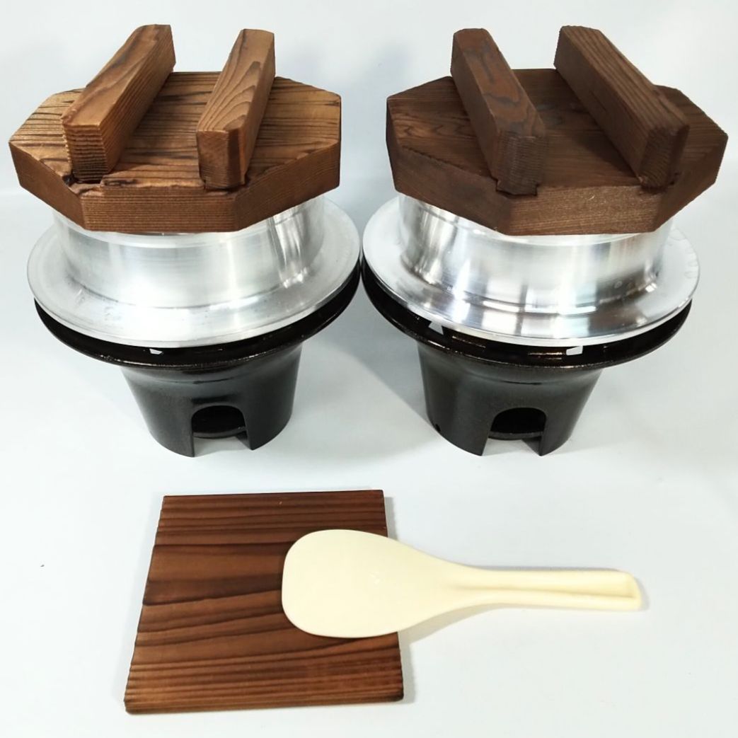 1合炊き×2釜】釜飯セット 固形燃料コンロ付 卓上用 アルミ釜 木蓋付