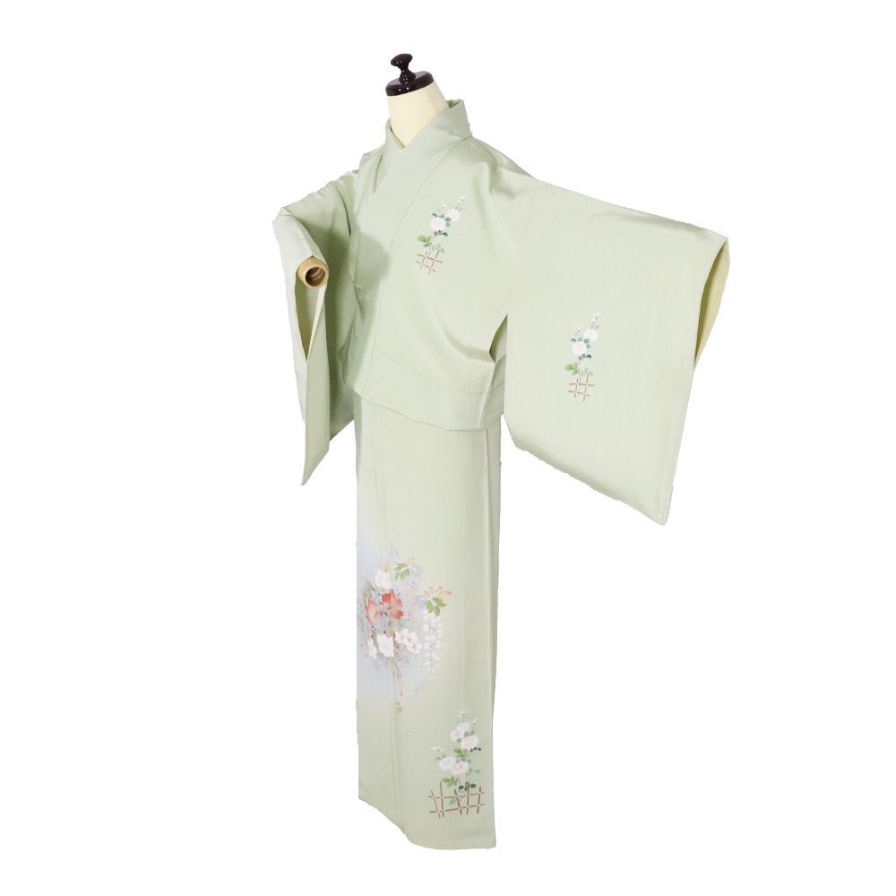 訪問着 袷 正絹 薄緑 暈し 牡丹桜 菊 藤 Lサイズ ki31825 新品 日本製