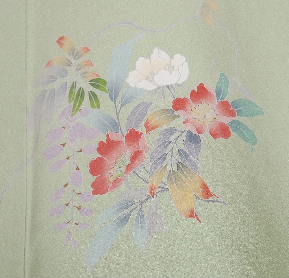 訪問着 袷 正絹 薄緑 暈し 牡丹桜 菊 藤 Lサイズ ki31825 新品 日本製