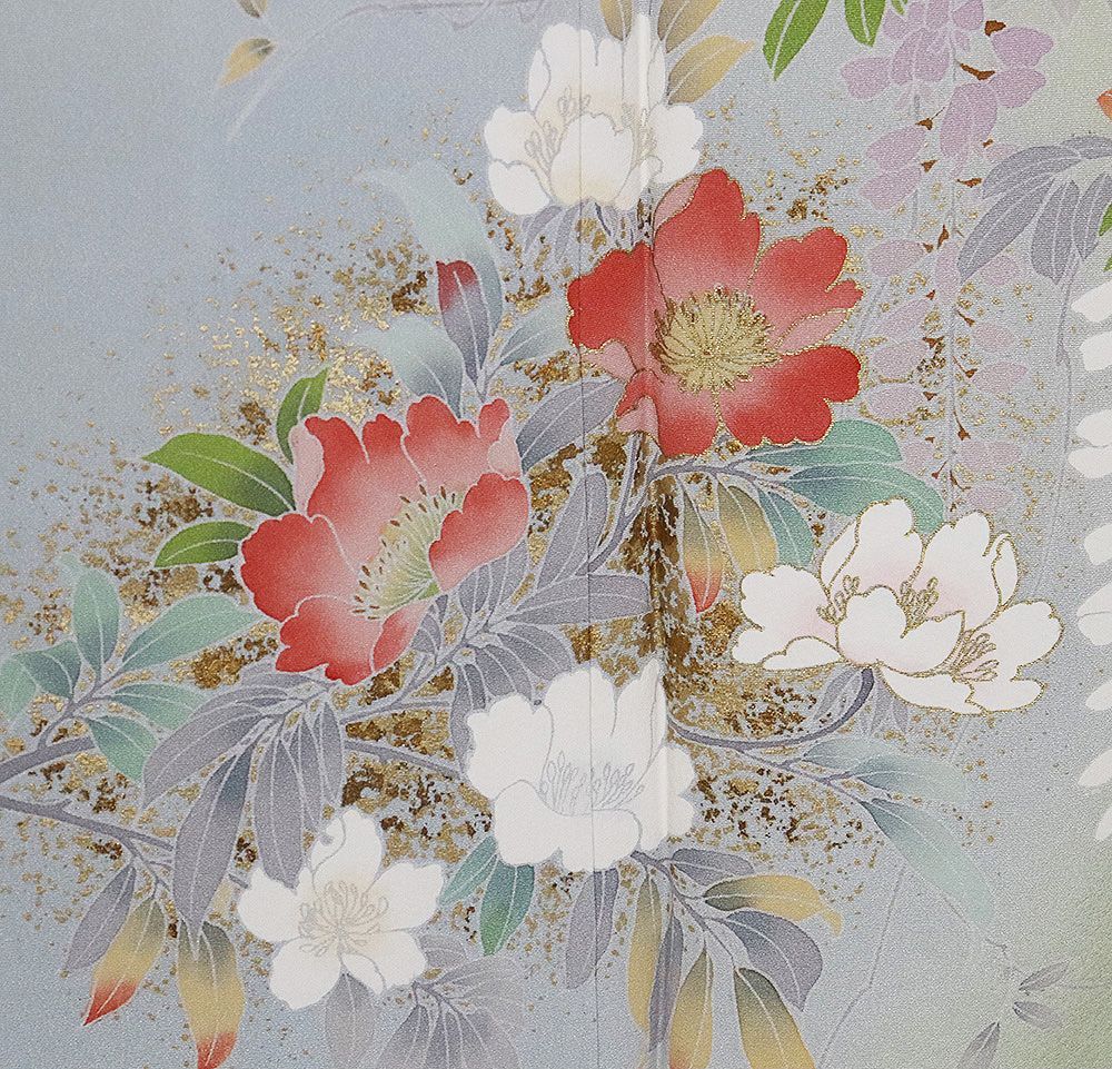 訪問着 袷 正絹 薄緑 暈し 牡丹桜 菊 藤 Lサイズ ki31825 新品 日本製