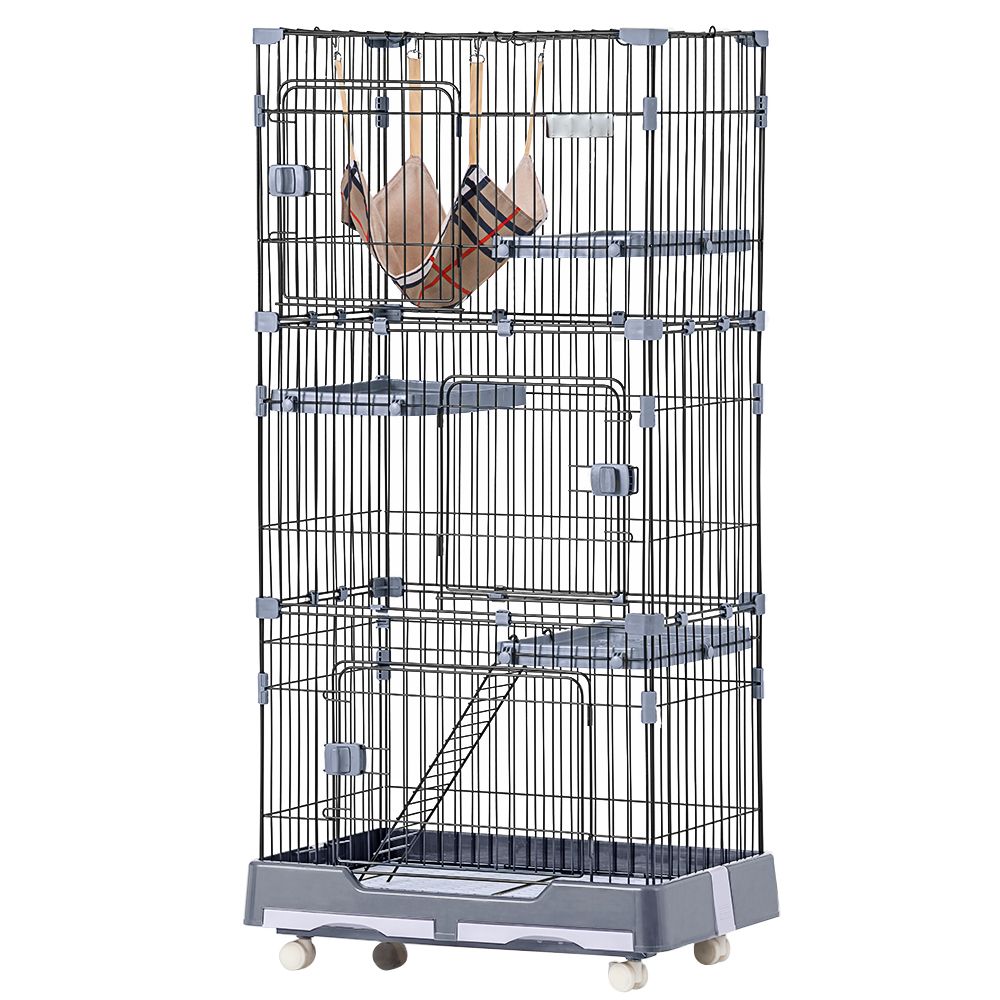 「新入荷」全新品 猫 ケージ キャットケージ ペットケージ キャスター付 猫ゲージ 大型 多頭飼い ネコドア キャットハウス 1段2段3段可能 留守番 保護 脱走防止 おしゃれ (3段,グレー) 1年保証付き