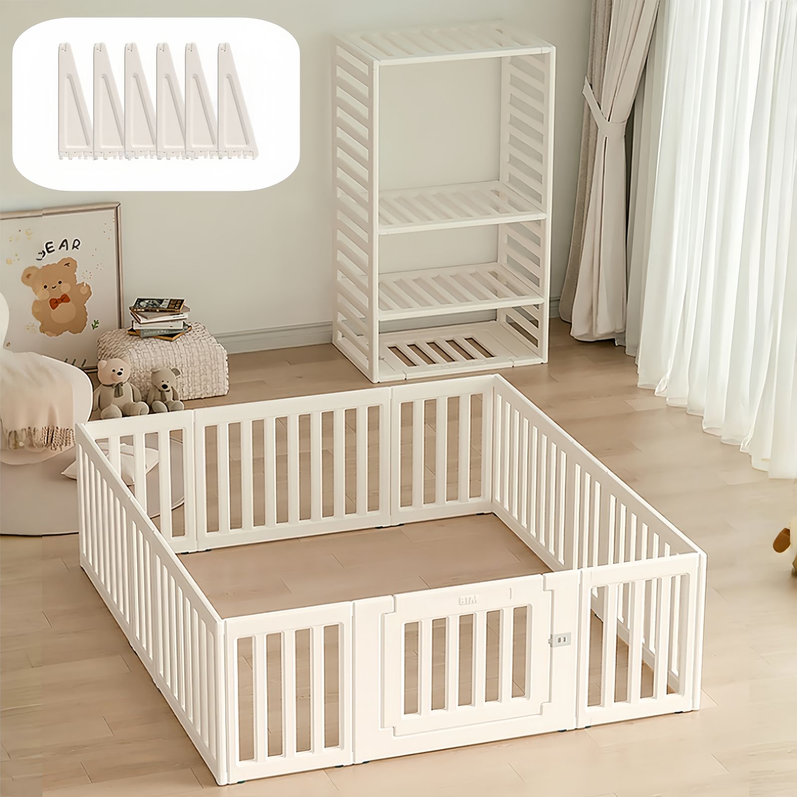 「新入荷」全新品 ベビーサークル 内径180*200cm 変形可能 収納棚へ変身可能 扉付き ベビーゲート ベビーフェンス プレイヤード 簡単組立 柵 キッズ【内径180*200cm】