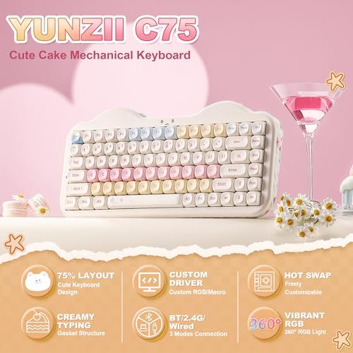 【新品】ワイヤレス メカニカルキーボード 75%レイアウト ホットスワップ対応 クリーミーキーボード NKRO PBT MOA キーキャップ RGBバックライト ガスケットマウント 可愛いケーキデザイン BT5.0/