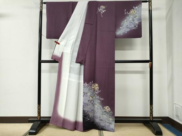 平和屋着物●訪問着　作家物　黄金繭　雪輪流水枝花文　暈し染め　金彩　正絹　逸品　CABE2242yc 平和屋着物○訪問着 雪輪吉祥草花文 暈し染め 金彩 正絹 逸品
