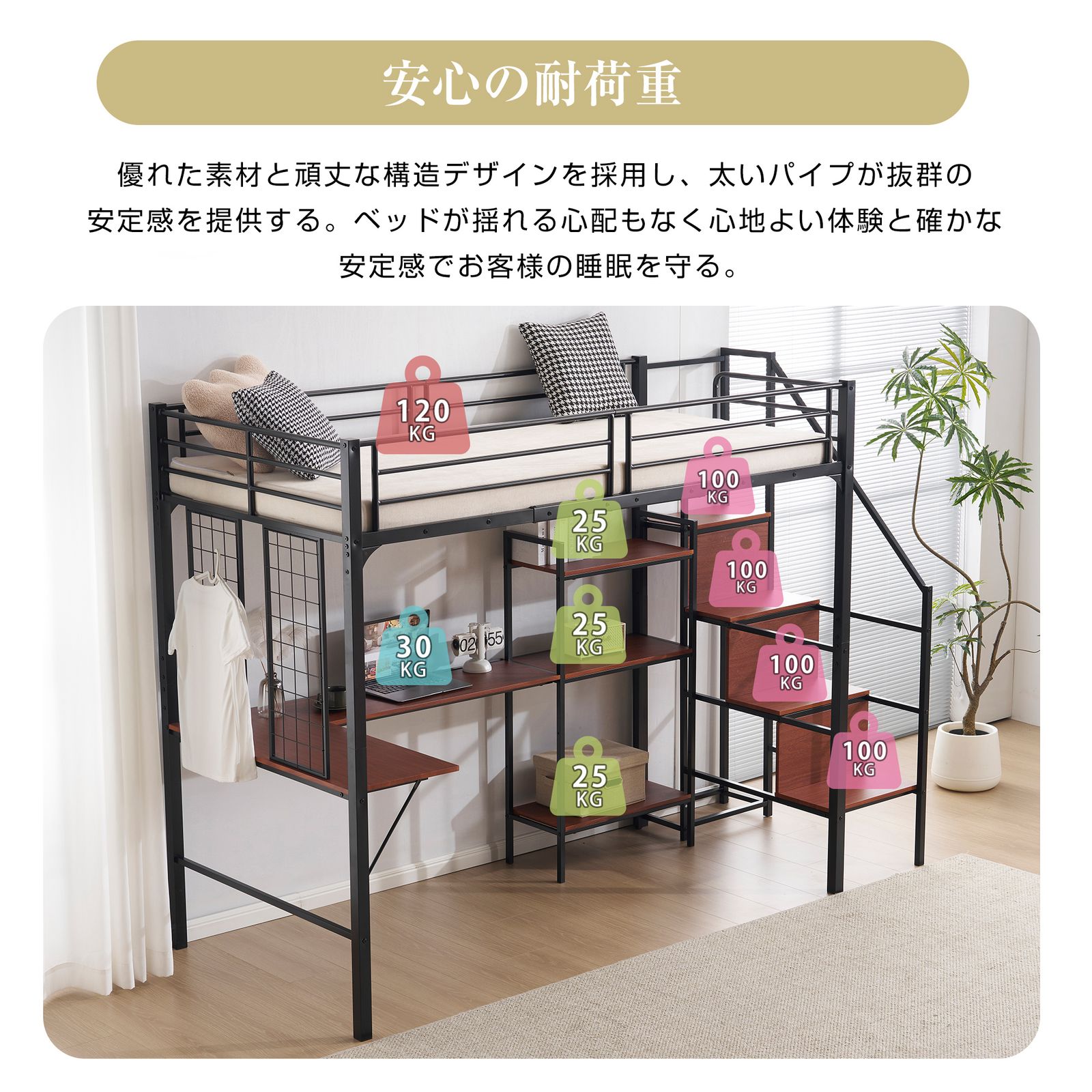 ロフト ベッド ベッド 棚付き ロフトベッド シングル 収納棚付き 