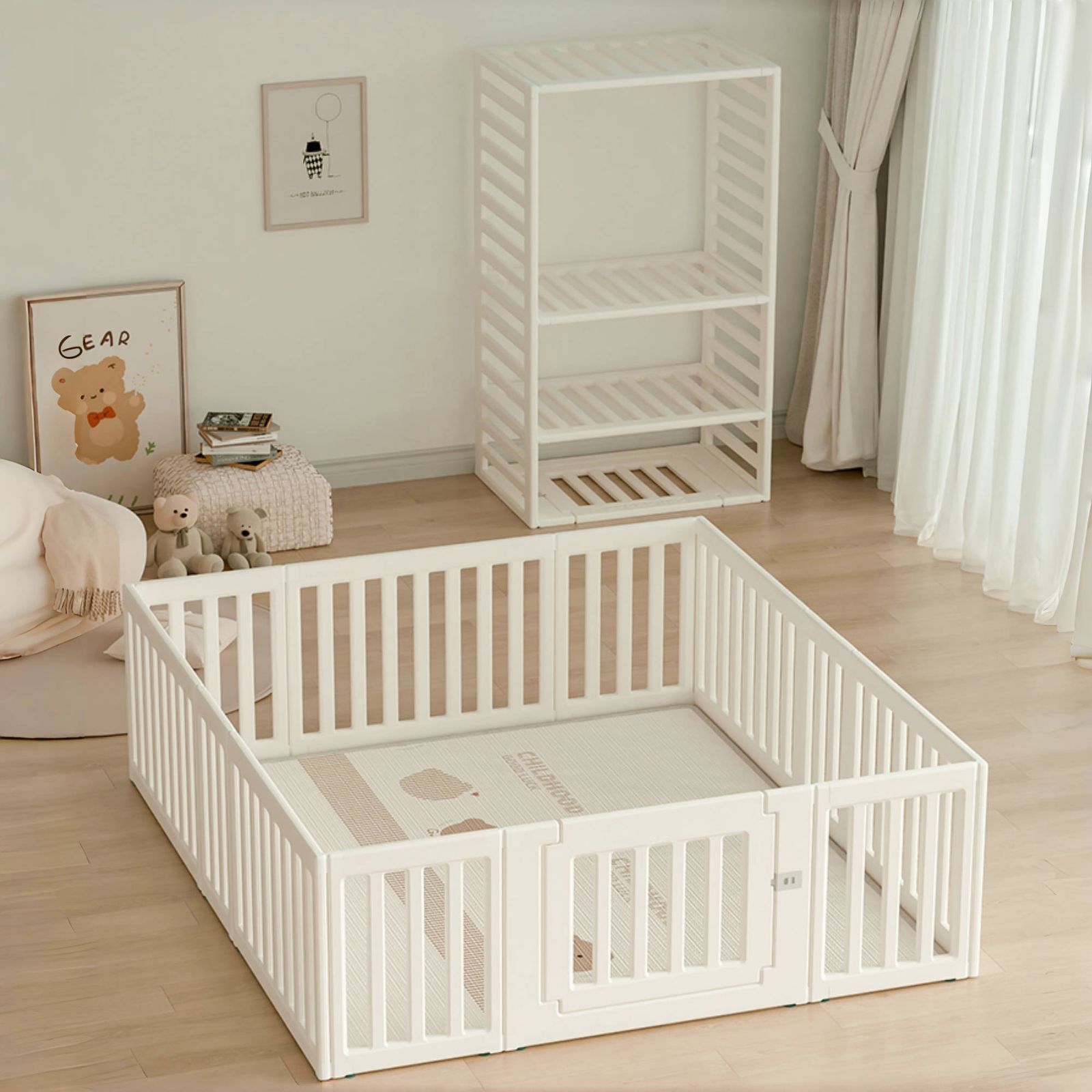 全新品 【内径180*200cmベビーサークル＋厚み1cmプレイマット】ベビーサークル 変形可能 収納棚へ変身可能 扉付き ベビーゲート ベビーフェンス プレイヤード 簡単組立 柵 キッズ