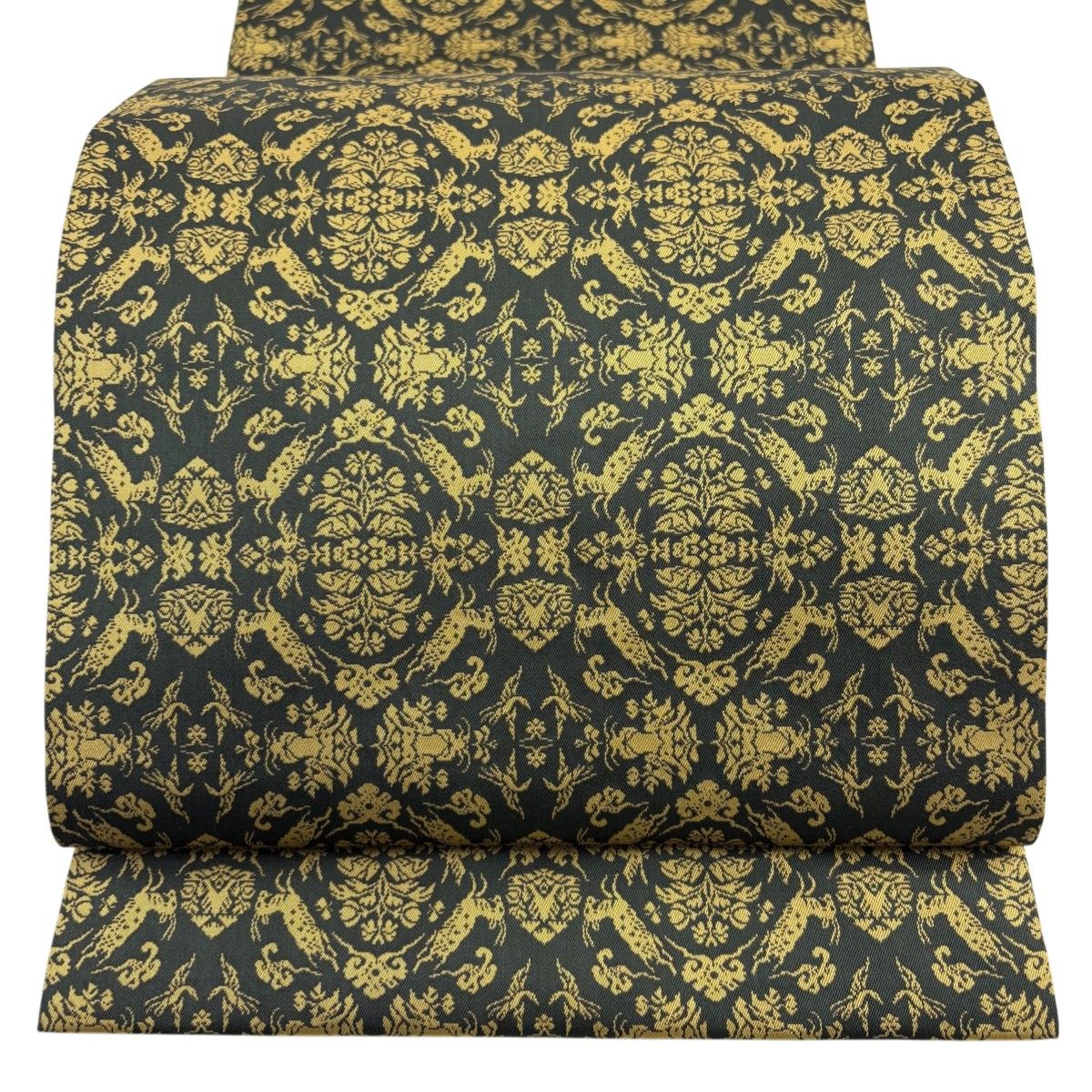 美品】 開き名古屋帯 名品 龍村美術織物 比翼仕立て 山羊花卉文錦 深緑
