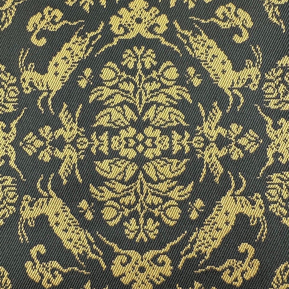 美品】 開き名古屋帯 名品 龍村美術織物 比翼仕立て 山羊花卉文錦 深緑