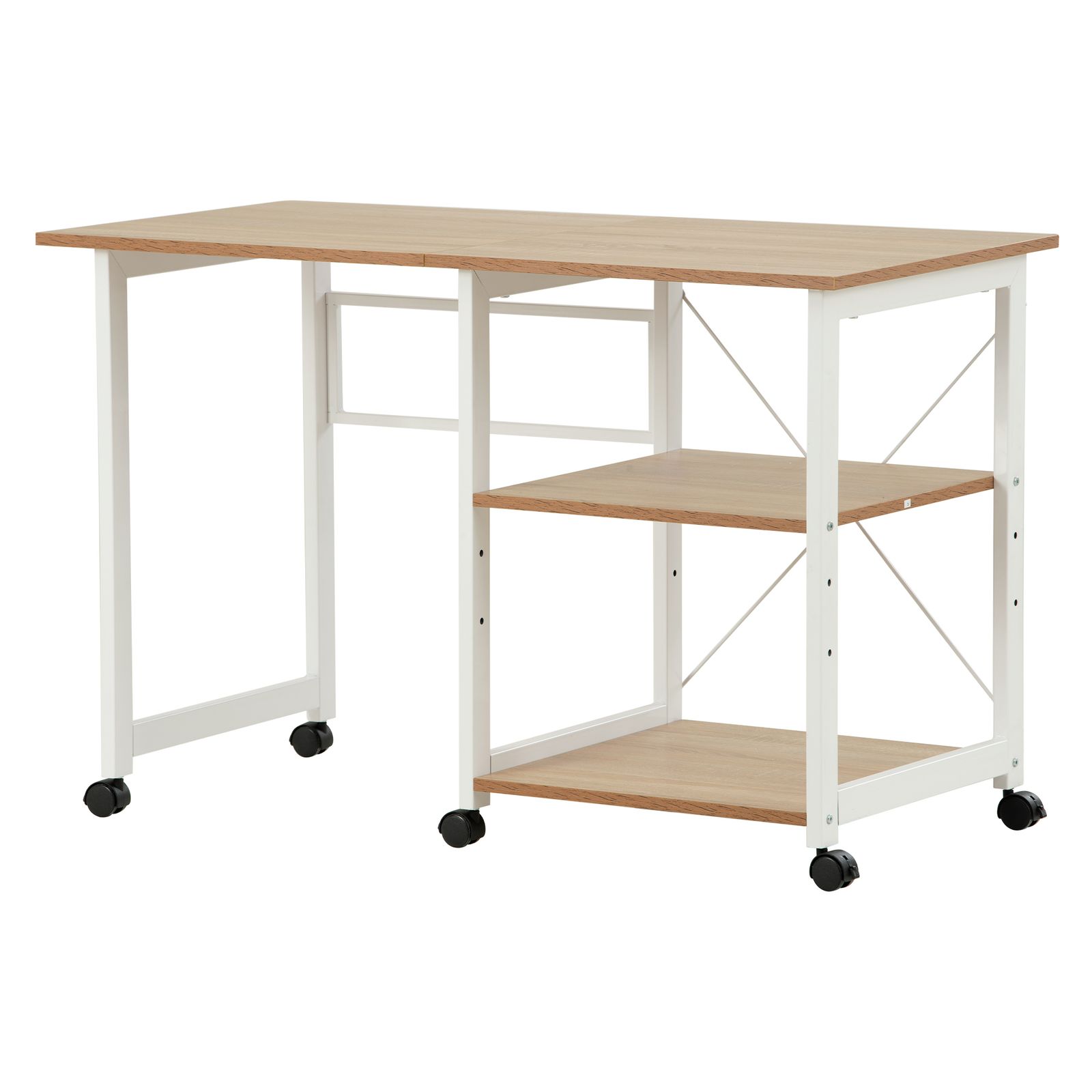 全新品 パソコンデスク 折りたたみデスク 簡易デスク オフィスデスク 学習デスク 3段収納ラック キャスター付き【ナチュラル】 1年保証付き 沖縄発送可