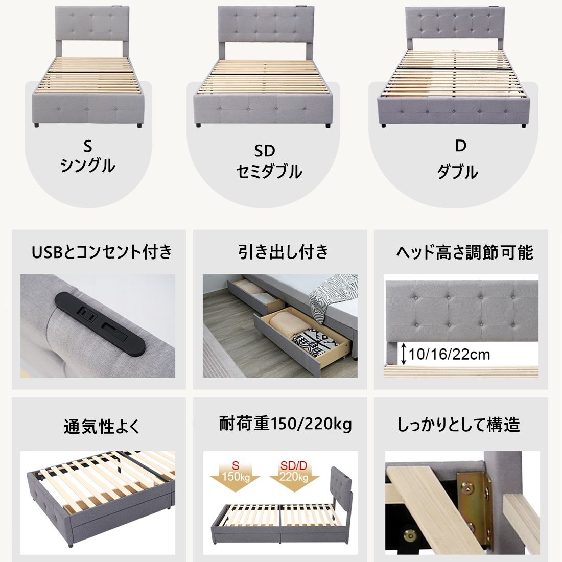 SD ファブリックベッド ベッドフレームのみ 引き出し付き 布貼りベッド