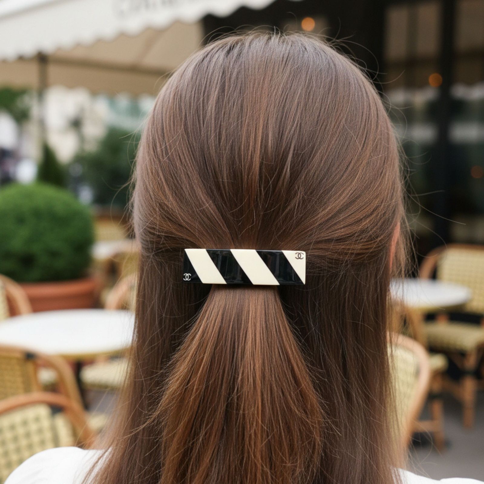 CHANEL シャネル ココマーク バレッタ ヘアクリップ ストライプ 黒 白