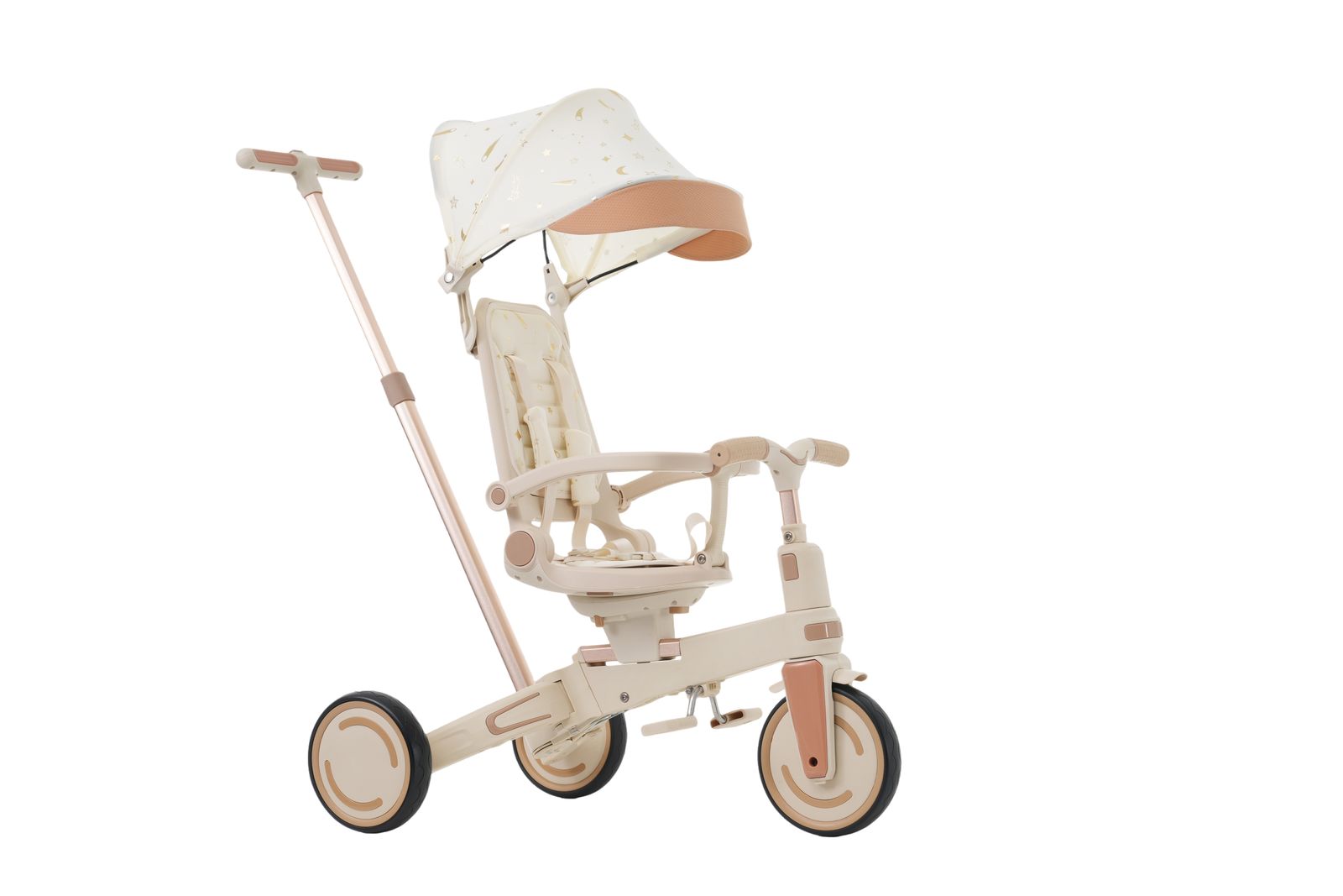 全新品 三輪車 ワンタッチ折りたたみ 高級 子供用三輪車（ベージュ×ブラウン） 三輪車のりもの サンシェード付き 安全バー付き シートベルト付き コントロールバー付き シート調整可 1年保証付き