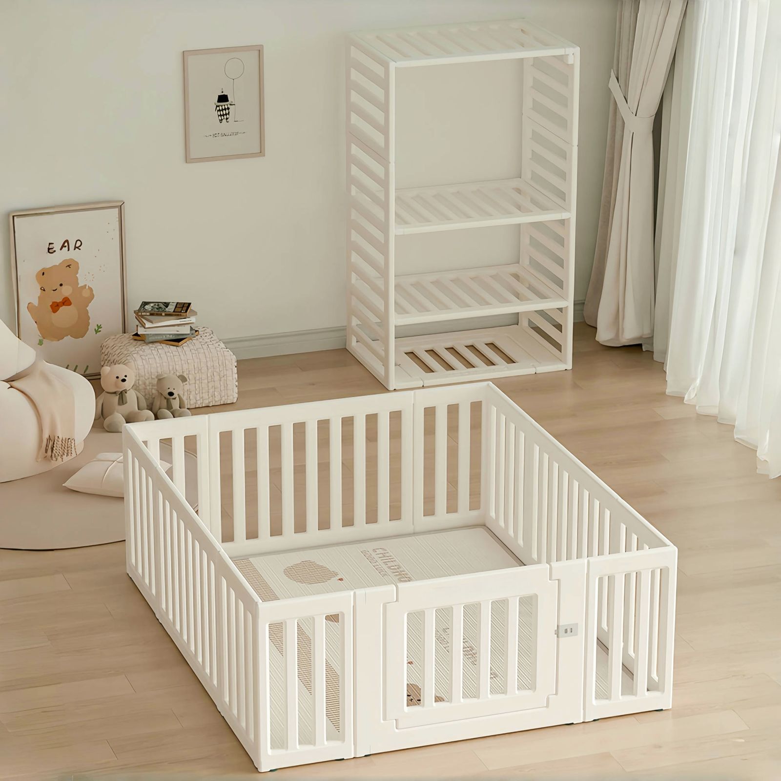 全新品 【内径150*180cmベビーサークル＋厚み1cmプレイマット】ベビーサークル 変形可能 収納棚へ変身可能 扉付き ベビーゲート ベビーフェンス プレイヤード 簡単組立 柵 キッズ
