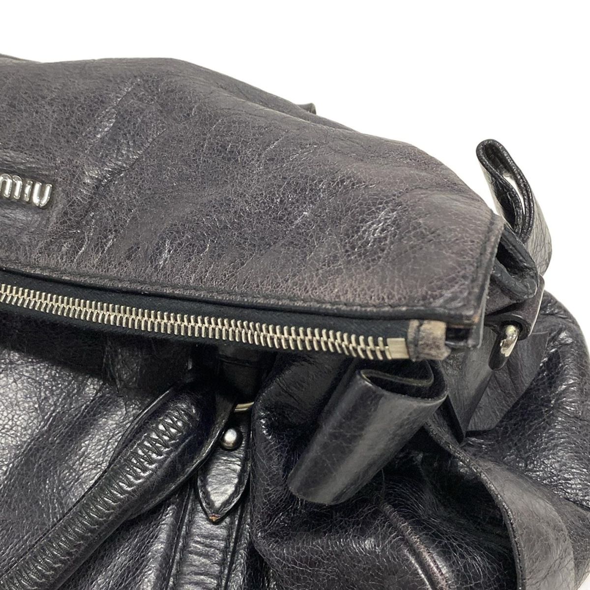 ミュウミュウ MIUMIU 黒レザー ハンドバッグ リボン-Whitehousecox