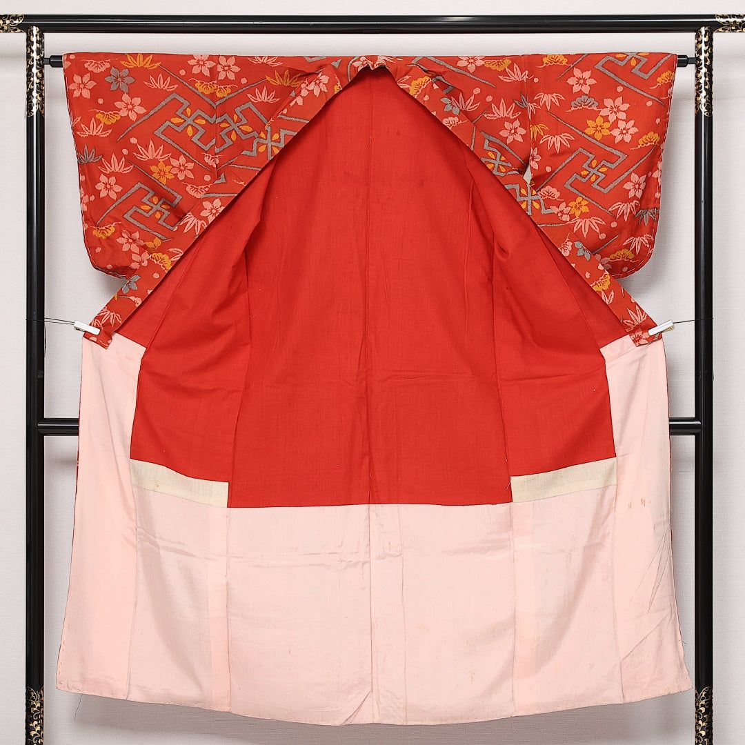 アンティーク 紬 袷 銘仙 身丈146cm 裄丈62cm Cランク 正絹 バチ衿 XS